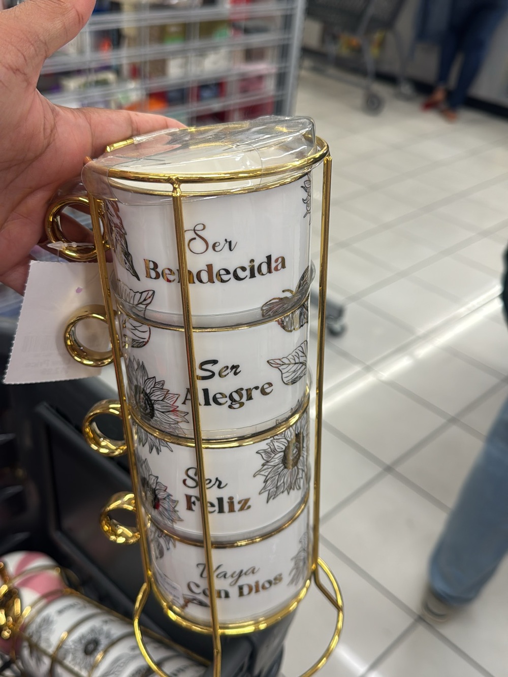 Stacked Ceramic Mug Set with Gold Rack - White & Gold Floral